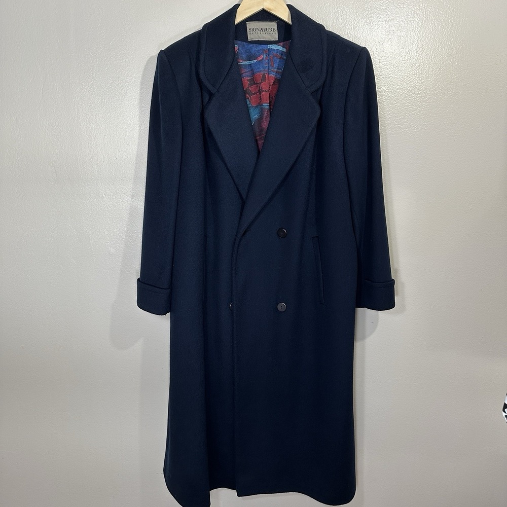 Vintage Signature Expressions Navy Blue Wool Blend Long Trench Coat No Size Tag